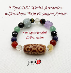 9 Eyed DZI Wealth Attraction Bracelet w/Amethyst Pixiu & Sakura Agates - Healing Gemstones