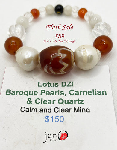Flash Sale!  Large Lotus DZI w/Baroque Pearls, Carnelian and Clear Quartz - Healing Gemstones