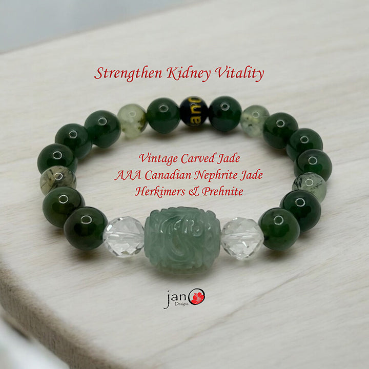 Strengthen Kidney Vitality w/Carved Vintage Jade, AAA Canadian Nephrite Jade, Herkimers and Prehnite - Healing Gemstones