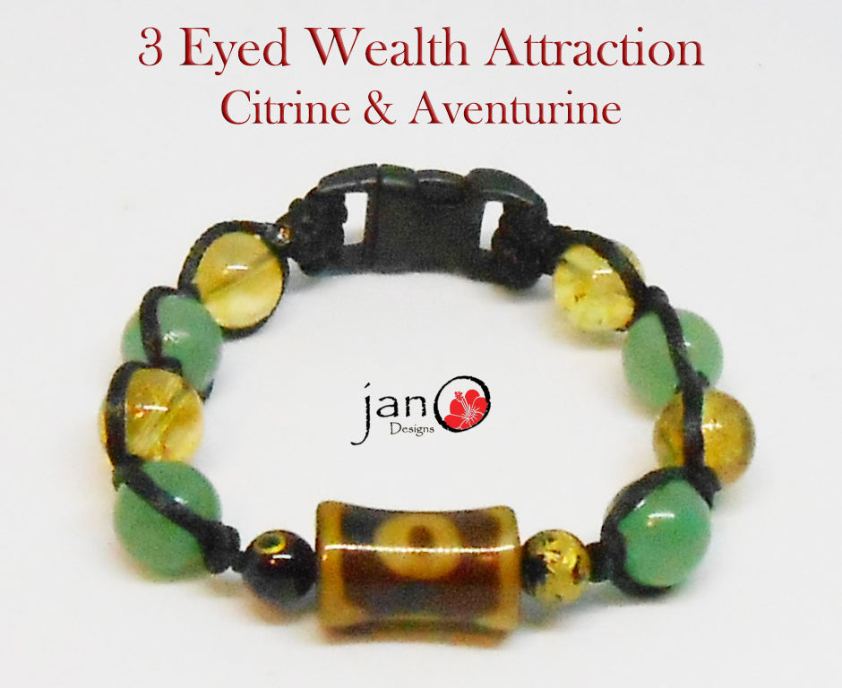 3 Eyed DZI Wealth Attraction Bracelet w/Citrine & Aventurine - Healing Gemstones