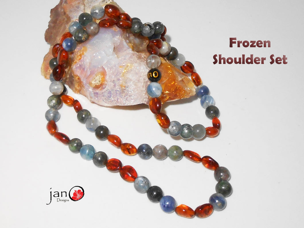 Amber and Kyanite Pain Frozen Shoulder Necklace/Bracelet Set - Blue/Green - Healing Gemstones