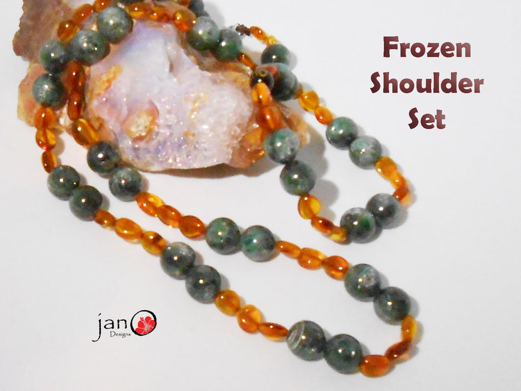 Amber and Kyanite Pain Frozen Shoulder Necklace/Bracelet Set - Green - Healing Gemstones