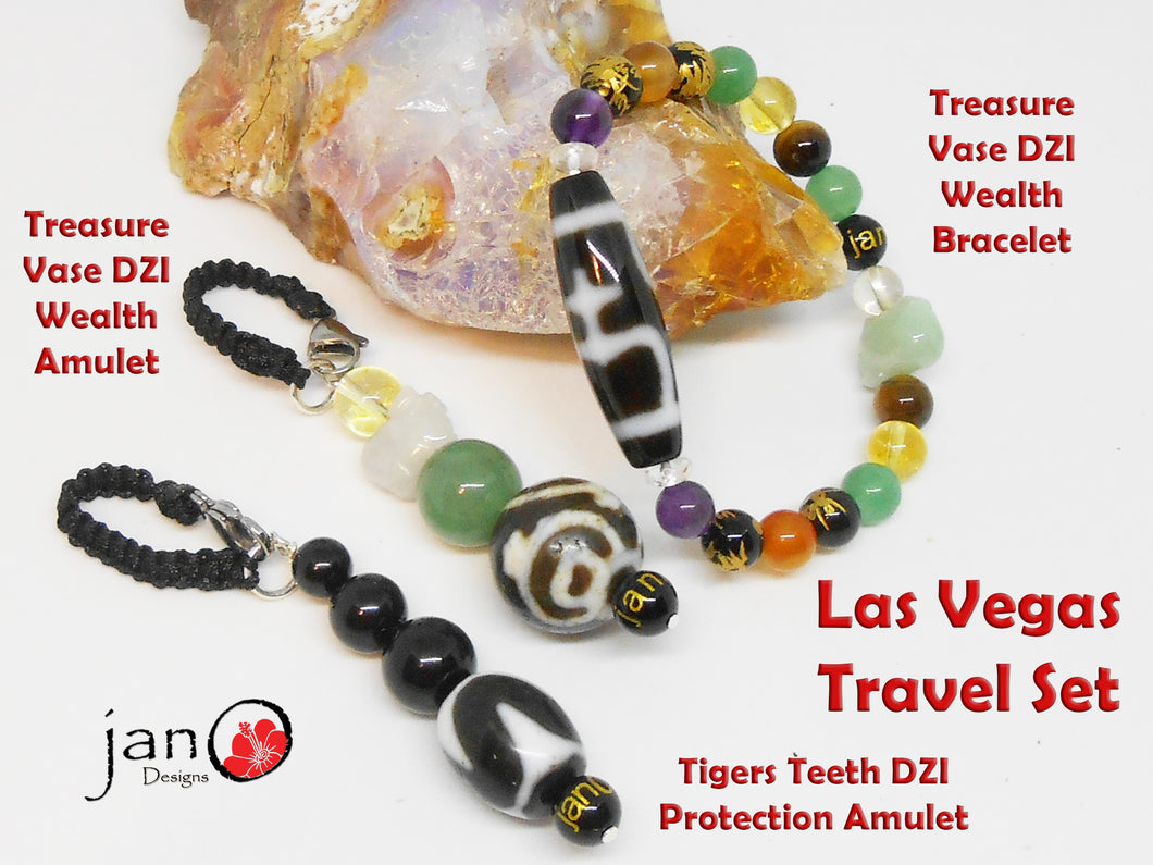 Las Vegas Travel Set - Treasure Vase Wealth Bracelet, Wealth Amulet & Travel Protection Amulet - Healing Gemstones