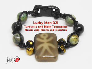 Lucky Man DZI w/Turquoise & Black Tourmaline - Corded - Custom Made - Healing Gemstones