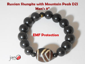 Russian Shungite w/Mountain Peak DZI Men's Bracelet - Healing Gemstones 9"