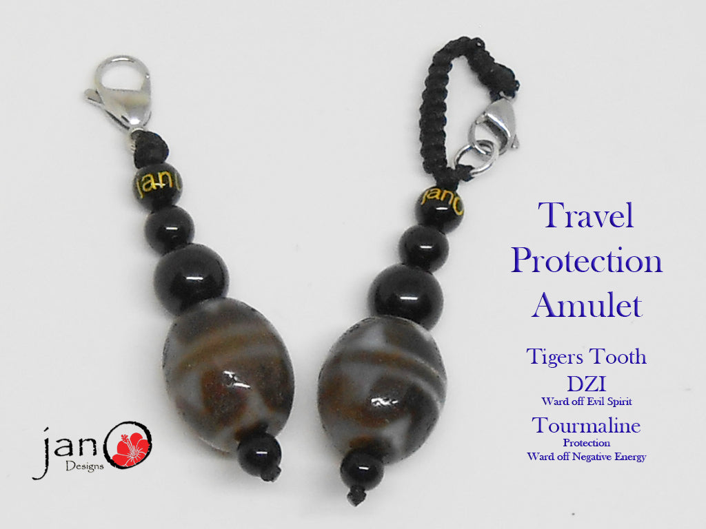 Pair of Travel Amulets - Tigers Tooth DZI with Black Tourmalines - Healing Gemstones