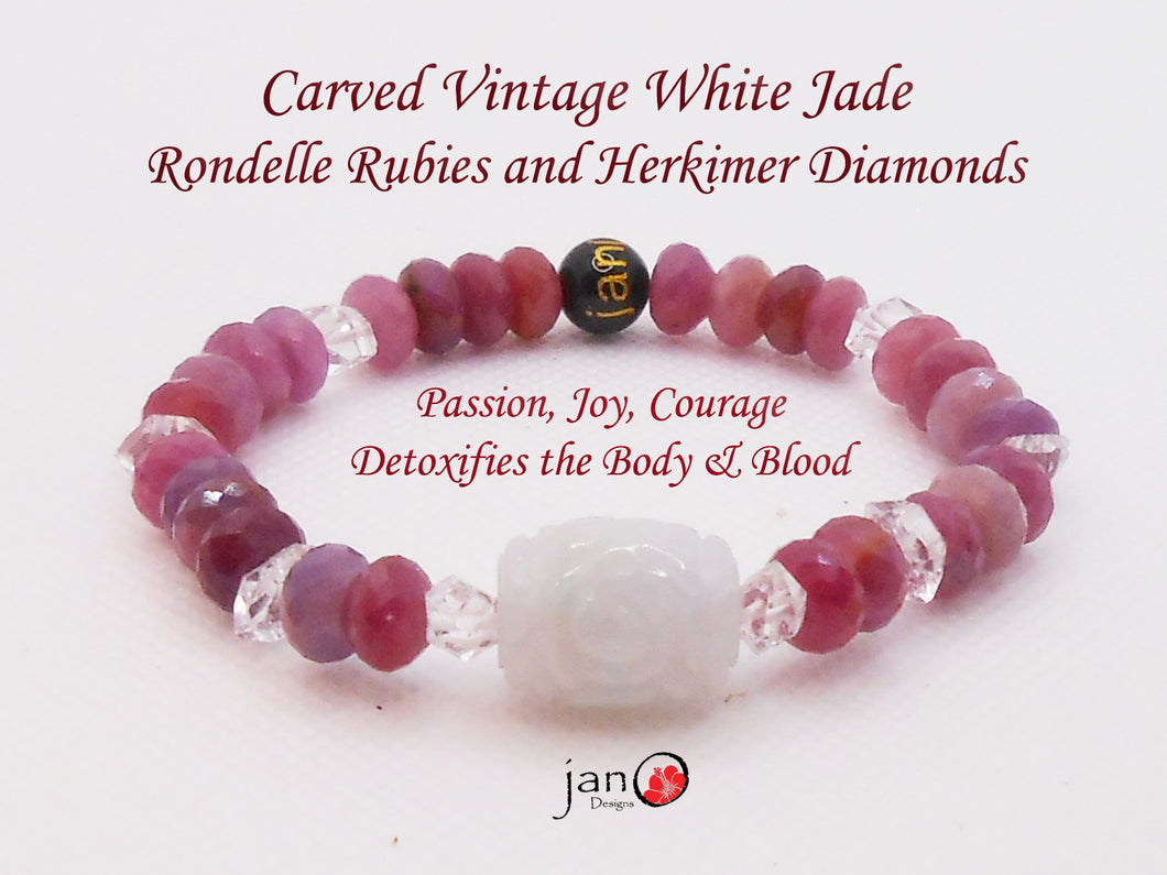 Carved Vintage White Jade w/Ruby Rondels and Herkimer Diamonds - Custom Made - Healing Gemstones